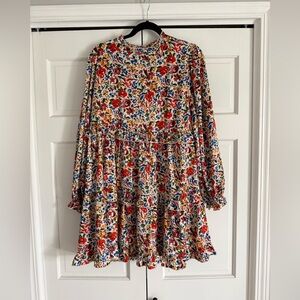 JODIFL Floral Tiered Mini Dress in Cream with Red, Blue & Green Floral Print